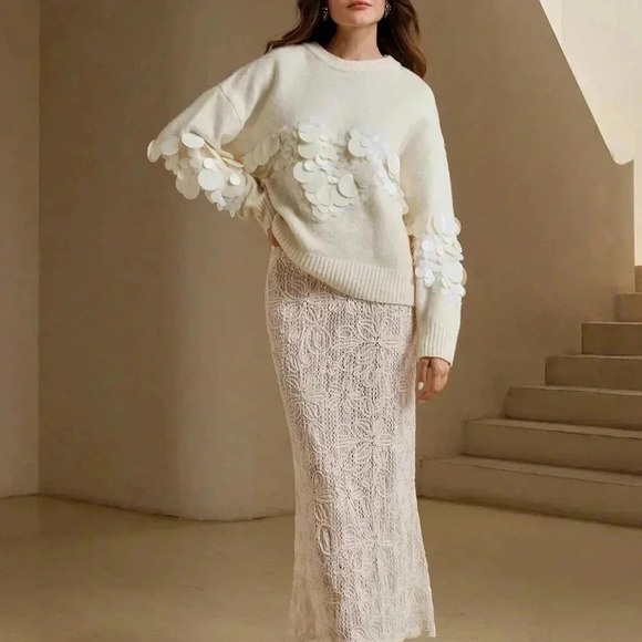 Apricot Casual Women's Handmade Beaded & Sequined Delicate Pullover Sweater - Picture 3 of 7